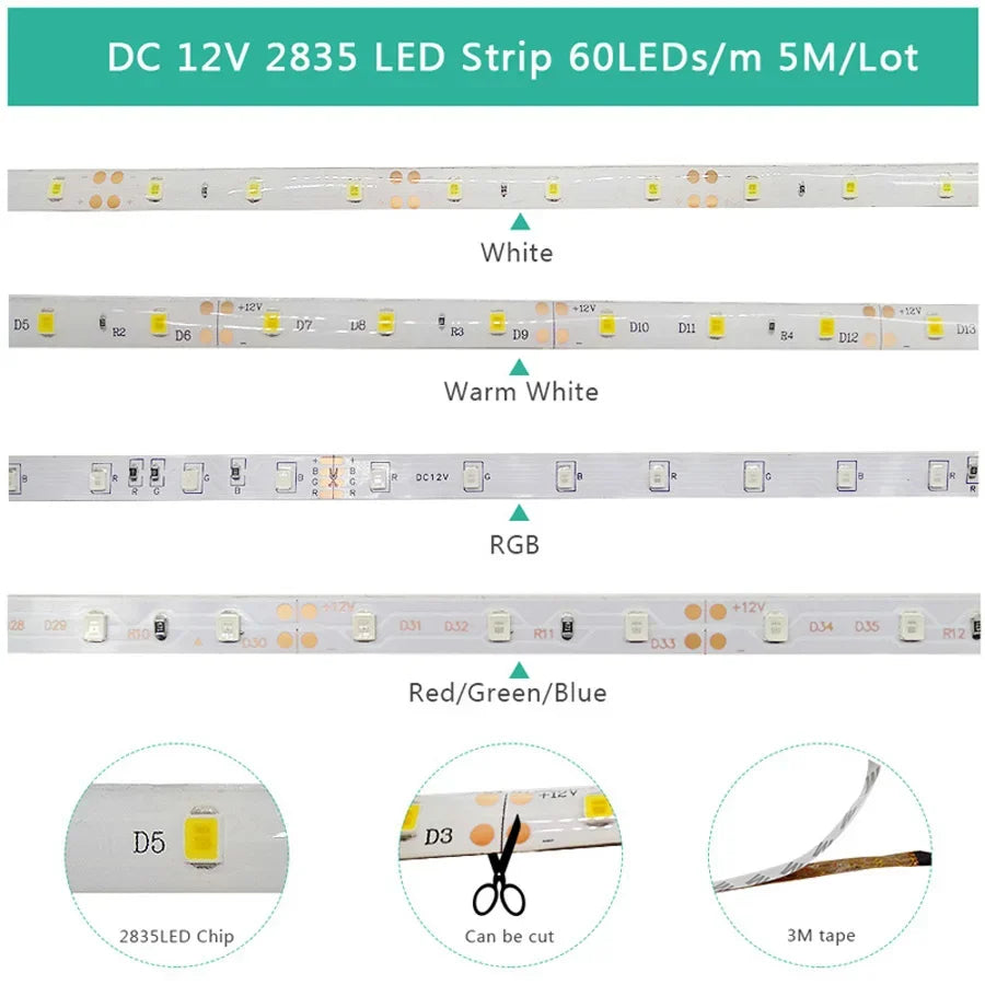 LED-Streifen Licht 5m 120leds smd2835 12v weiß warmrot grün blau rgb luces LED Licht wasserdicht flexible Lampe Band für Raum deko.