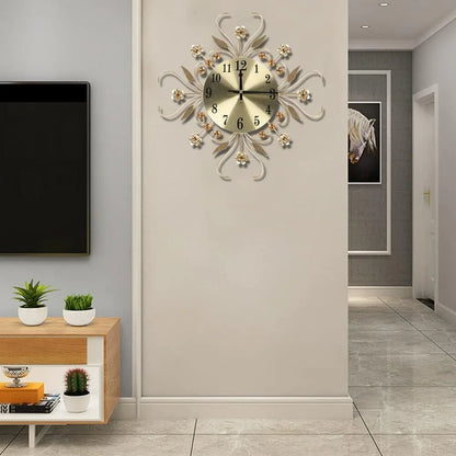 3D-Digital-Wanduhr, Quarz, moderne Blume, Diamant-Dekoration, analoge Uhr, Metalluhr für Wohnzimmer, Schlafzimmer, Gold