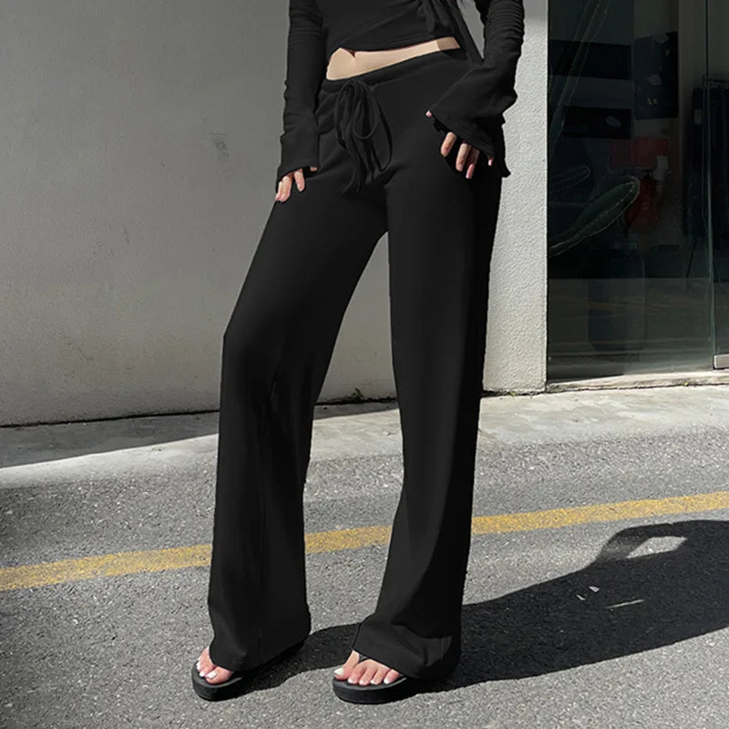 Apprabant Casual Fashion Drawstring High Waist Trousers Set Lace Up Flared Sleeve V Neck Twist Tops Plush Loose Pants Suit
