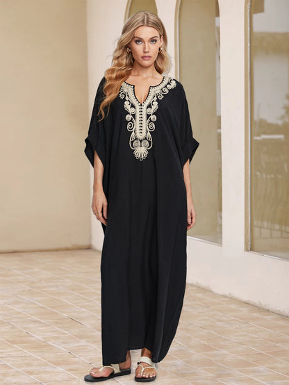 2025 Indie Folk Schnürung V-Ausschnitt Fledermausärmel Sommer Strandkleid Tunika Damen Beachwear Kaftan Maxikleid Robe Sarong Q775