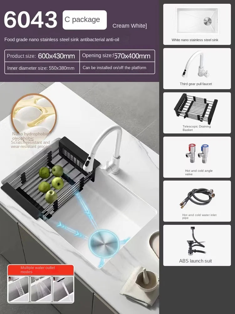 White Stainless Steel Kitchen Sink with Digital Display Multifunction Waterfall Faucet large Wash Basin for Kitchen Accessories