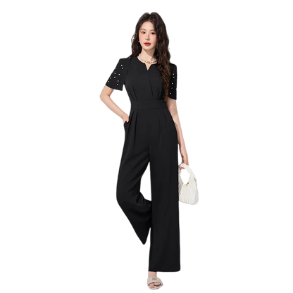 Women's Luxury Diamond-Studded Jumpsuit – Slim Fit Wide Leg Palazzo Pants, Autumn Short Sleeve Romper with High Waist.