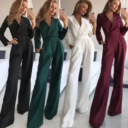 Women Jumpsuits Long Sleeve V Neck Rompers Overalls One Piece Wide Leg Pants Slight Strech Office Lady Solid New Chinese.
