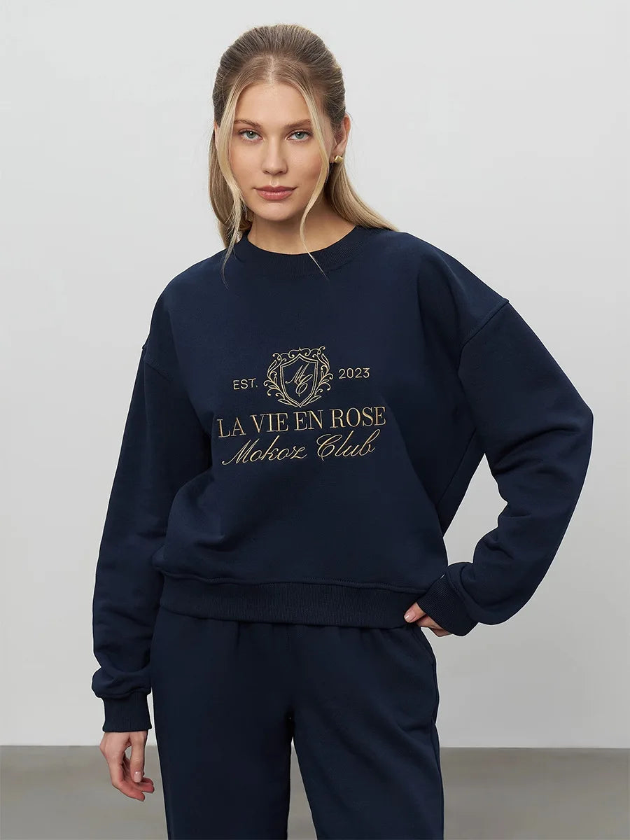 Bornladies Embroidered Hoodie Pants 2-piece Set Autumn New Casual Pants Women's O-neck Pullover Hoodie Suit.