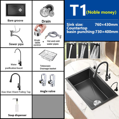 Black Stainless Steel Kitchen Sink Waterfall Sink dishwashing Basin Large Single Sink Household Sink Under The Counter Sink