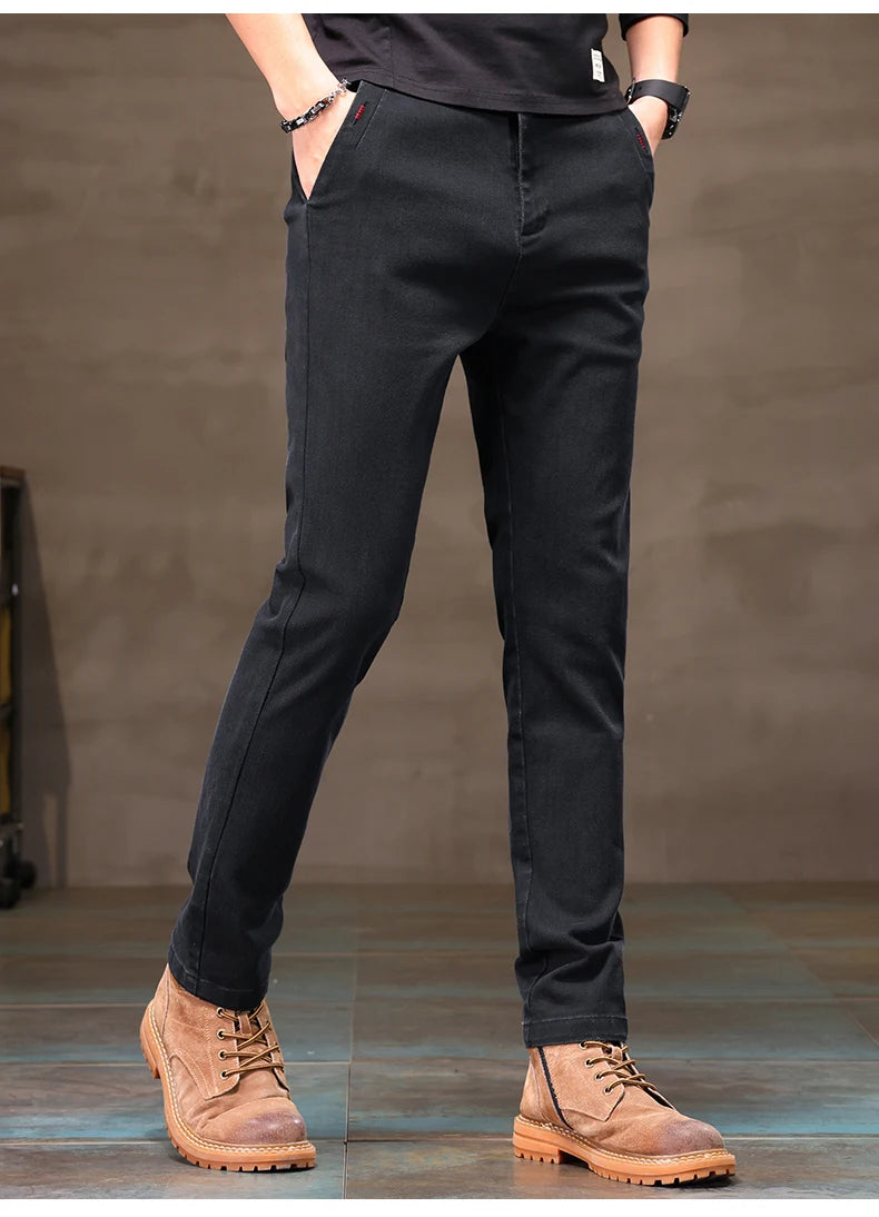 Men's Business Casual Pants Stretch Slim Fit Straight Semi-elastic Waist Trousers Solid Classic Office Work Male Clothing.