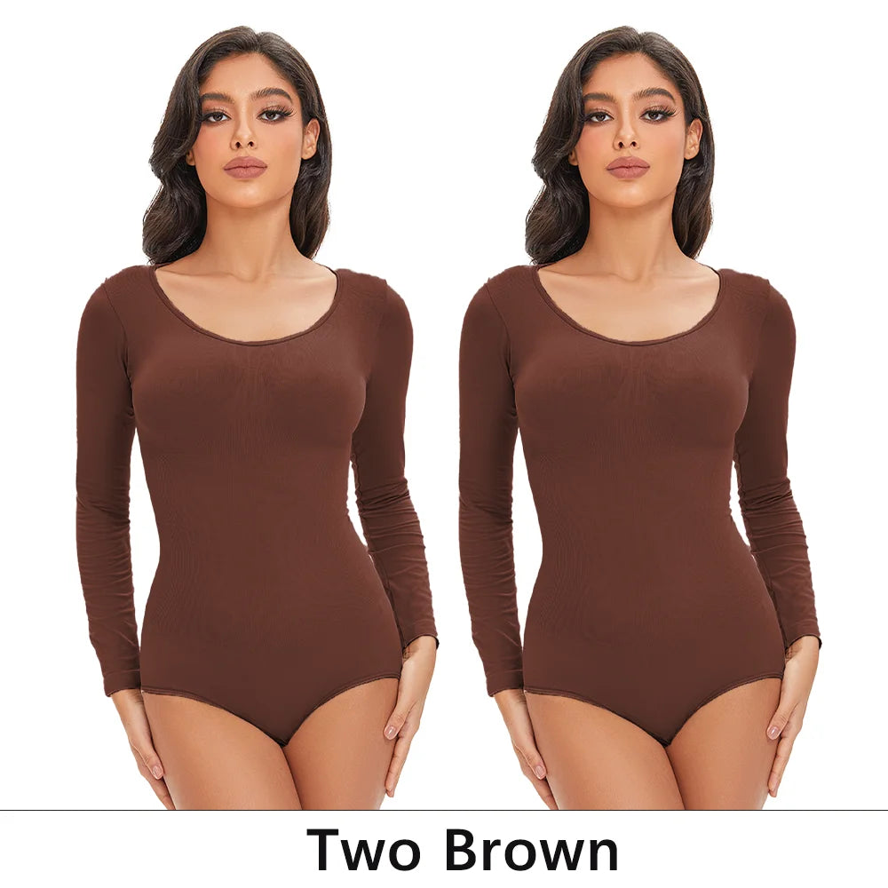 POKARLA Spandex Elastic Body Suit Shapewear Women Body Shaper Tummy Control Long Sleeve Open Crotch Round Neck Seamless Shapers.