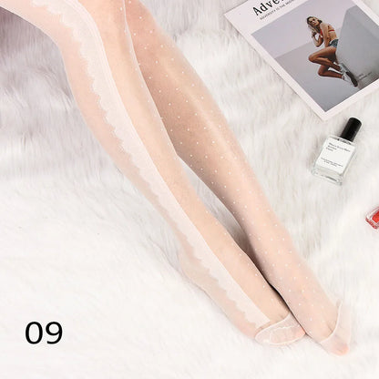 Sexy Women love Dot Embroidery Silk Stocking Thin Vintage Faux Tattoo Thigh Sheer Pantyhose Female Elastic Hosiery girls Tights