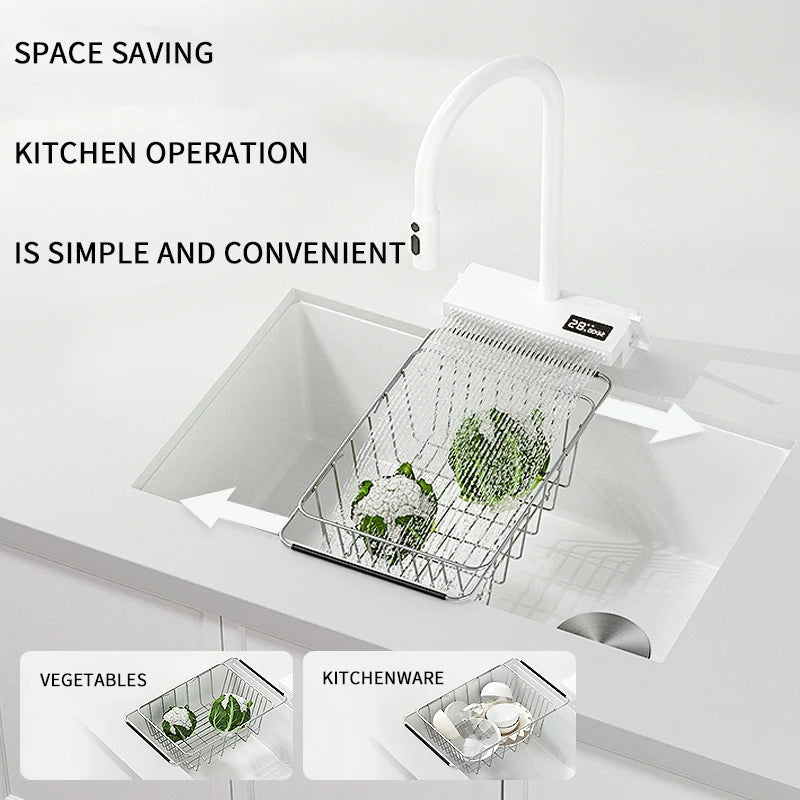White Stainless Steel Kitchen Sink with Digital Display Multifunction Waterfall Faucet large Wash Basin for Kitchen Accessories