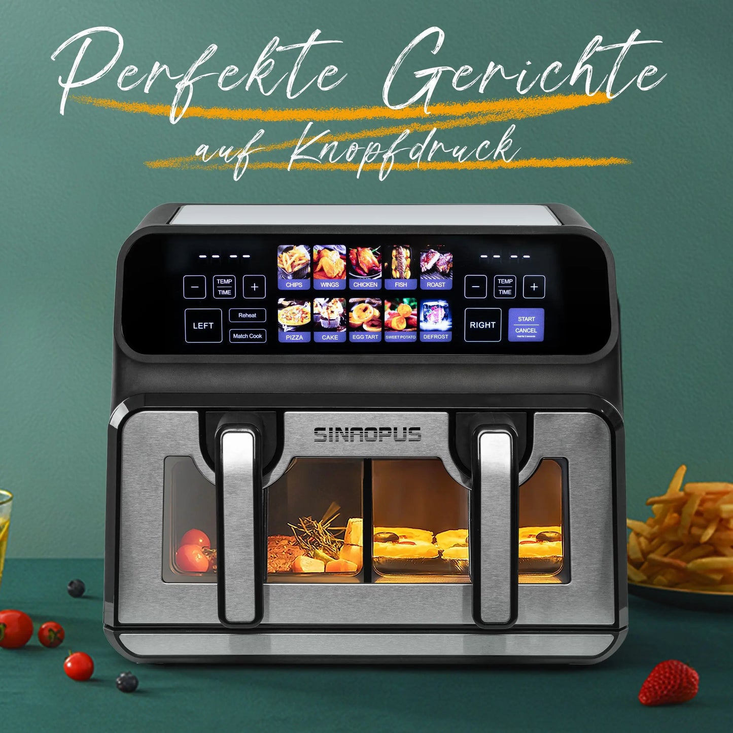 Sinaopus 2200W Hot Air Fryer Dual Basket 9 L XXL Multi-Function Air Fryer with LED Touch Screen Timable Auto Programmes.