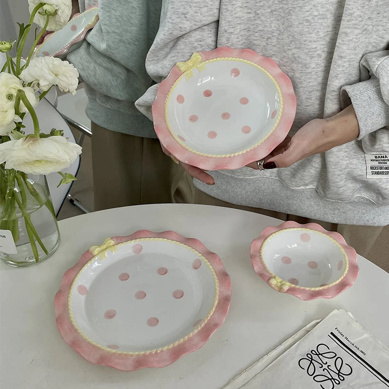 Cartoon Pink Ceramic Dinner Plate with Bow Knot, Household Dish, High Temperature Resistant, Deep Dish, Kitchen Tableware Set.