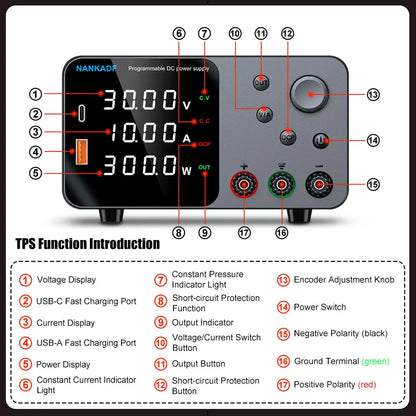 NANKADF DC laboratory power supply 30V 10A bench power supply encoder regulates voltage and current Dual input voltage 220V/110V.