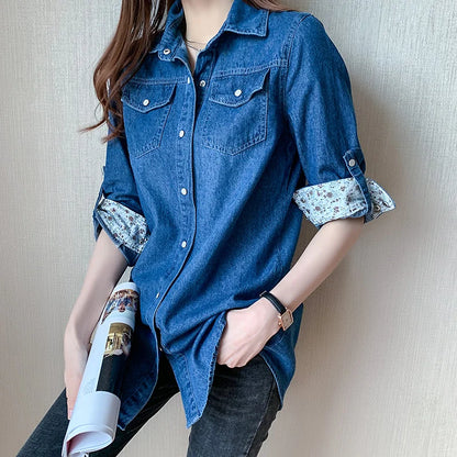 Women's Loose Denim Shirt with Long Sleeves New Spring and Autumn Thin Top Mid To Long Length Jacket and Outer Shirt 11968.