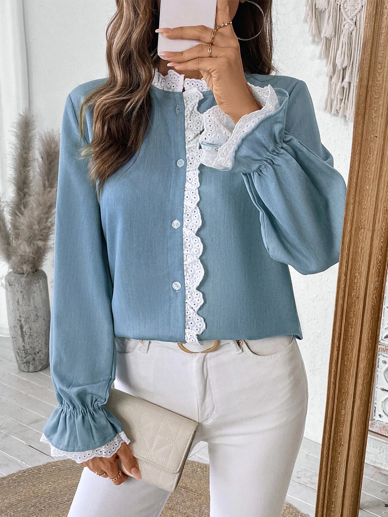 2025 Autumn Female Solid Ruffle Shirt Women Casual Lantern Long Sleeve Top Spring Office Lady Single Breasted Tops Clothes.
