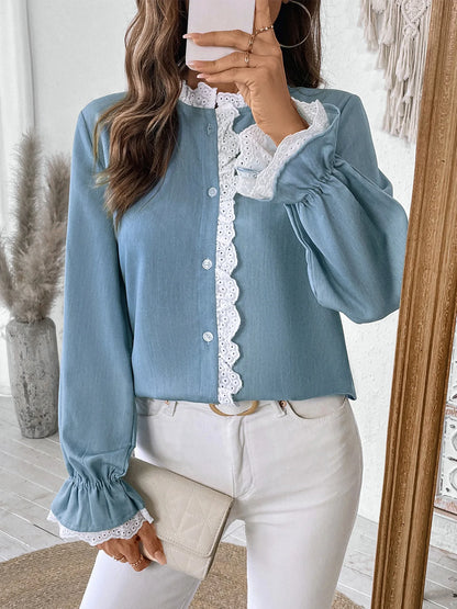 2025 Autumn Female Solid Ruffle Shirt Women Casual Lantern Long Sleeve Top Spring Office Lady Single Breasted Tops Clothes.