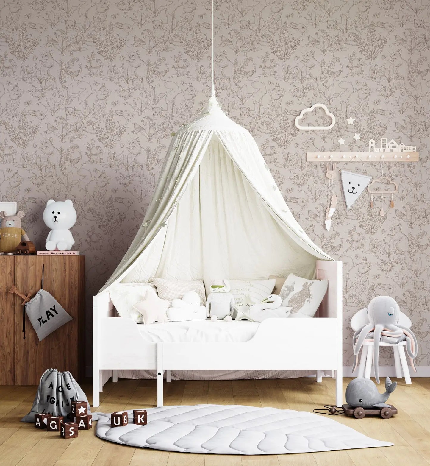 Waldleben Tapete Tapete. Beige Tapete mit Tieren im Waldstil mit Kaninchen und kleinem Prärenhund