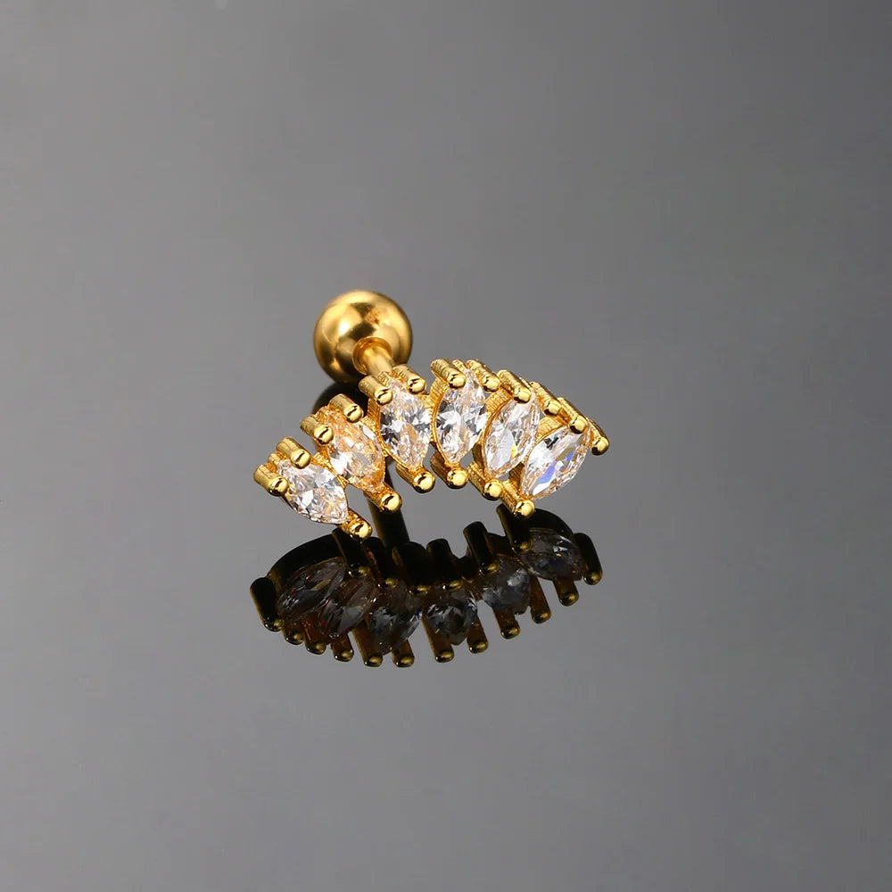 1pc Tragus Piercing Ear Stud Earring For Women Girls Cubic Zirconia Crown Small Helix Pierced Gold Color Ear Accessories Gifts.