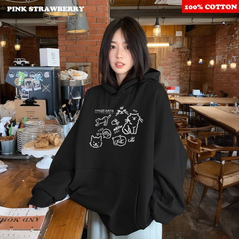Cute Cat Print Hoodies Women Autumn Winter 2025 New Fashion Street Loose Casual Kangaroo Pouch Sweatshirt Y2K Top kawaii clothes.