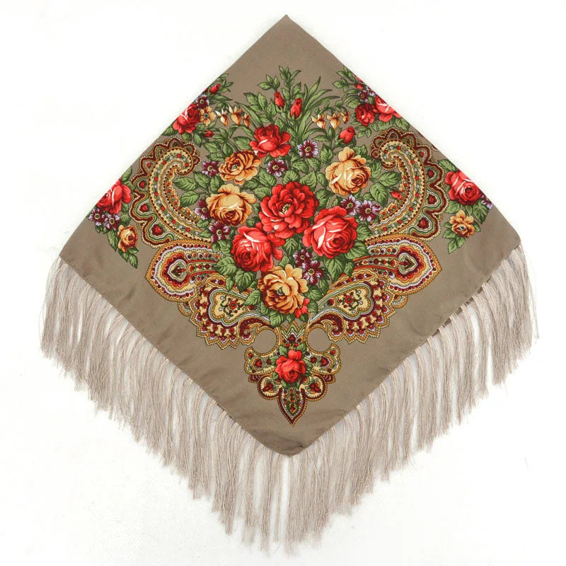 Women Luxury Floral Printed Russian Scarf Ukrainian Fringed Square Scarves Babushka Handkerchief Head Wraps Travel Shawl.