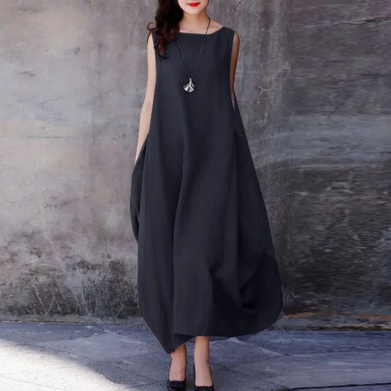 ZANZEA Sommer Mode Urlaub Kleid Robe Femme Frauen Elegante Ärmellose Maxi Vestidos 2024 Casual Lose Sommerkleid Oversize Kaftan.