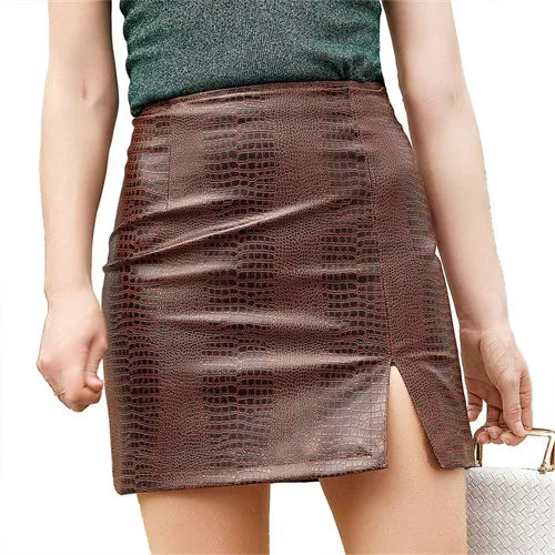 2025 Spring/summer Red Crocodile Pattern PU Skirt Ladies Slit Skirt Slim  Stretch Leather Skirts White Brown Black Green