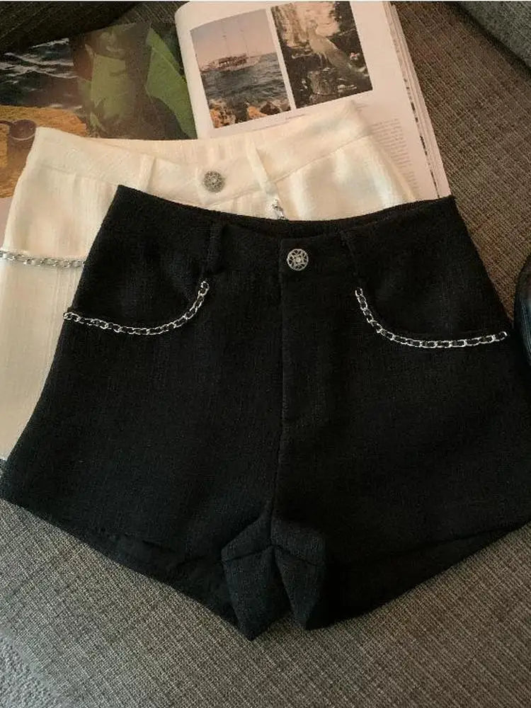 Fashion Tweed High Waist Women Shorts Autumn Winter Slim Office Woolen Black Shorts Women.