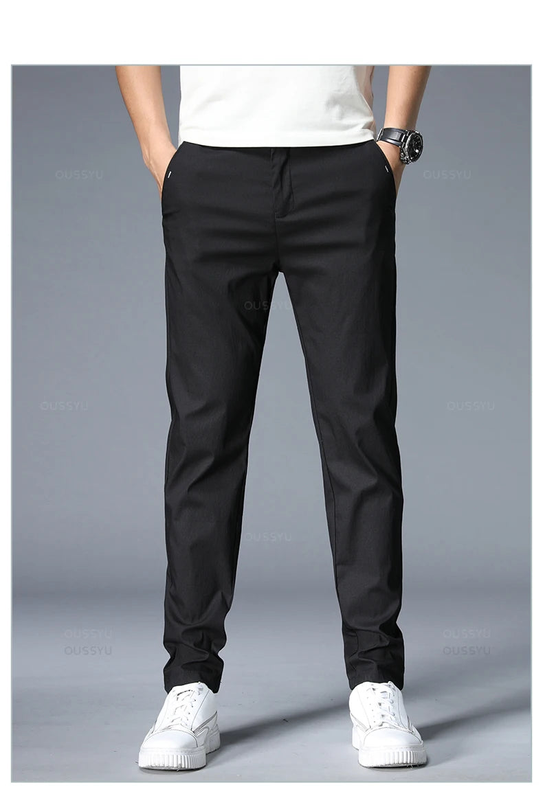 Spring Summer Casual Pants Men Thin Stretch Slim Fit Elastic Waist Business Classic Korean Trousers Male Khaki Gray 38.