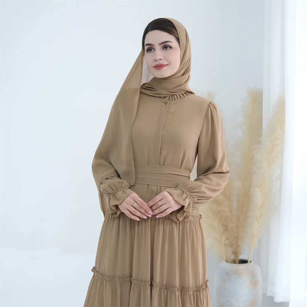 Ramadan Eid Chiffon Muslim Modest Khimar Abaya Set Dubai Turkey Islam Dress Abayas For Women Kebaya Kaftan Robe Femme Musulmane.