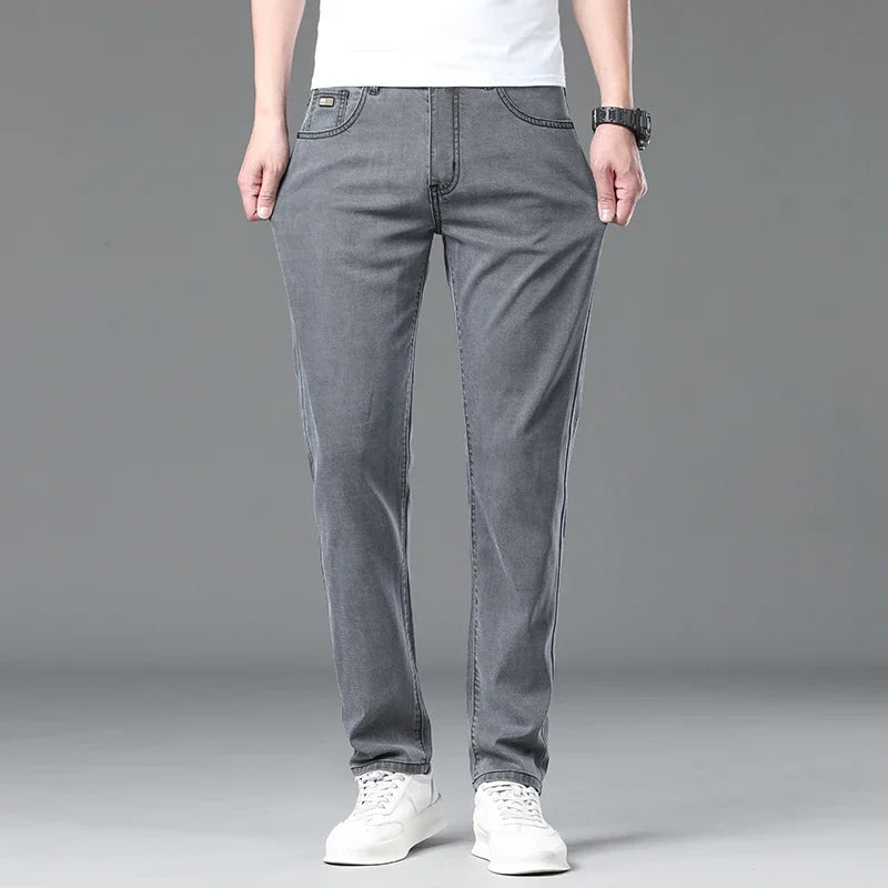 Summer Lyocell Ultra-thin Jeans Men Straight Stretch Breathable Denim Pants Fashion Business Casual Male Trousers Black Gray.