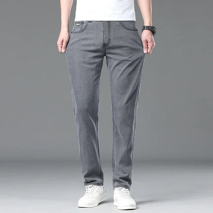 Summer Lyocell Ultra-thin Jeans Men Straight Stretch Breathable Denim Pants Fashion Business Casual Male Trousers Black Gray.