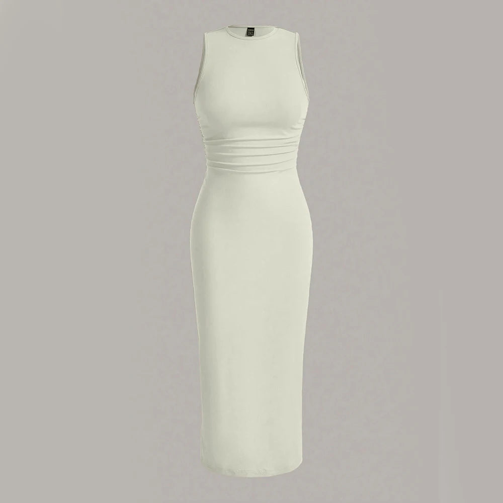 Mia Muse Damenkleider für alle Jahreszeiten, minimalistisch, schlicht, ärmellos, Rundhalsausschnitt, Wickel-MIDI-Partykleider.