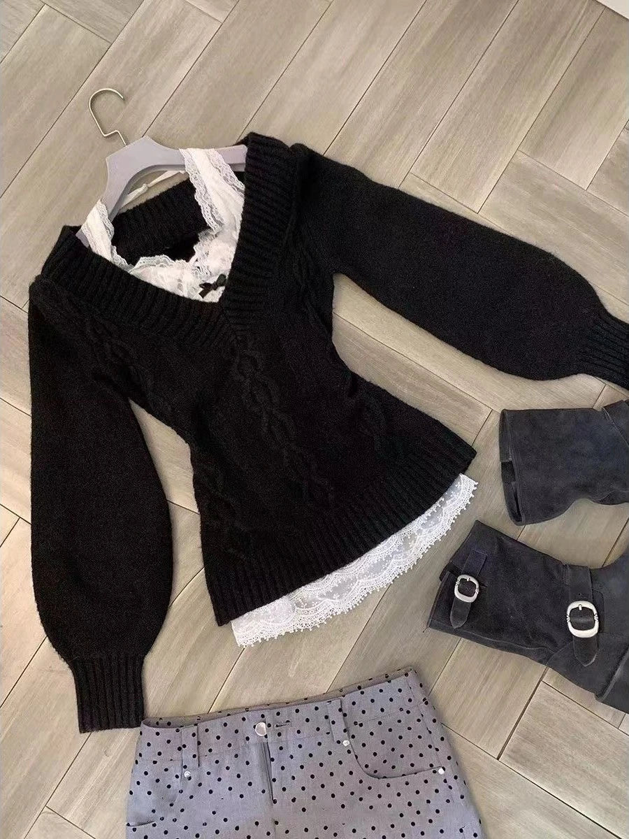 Chic Gothic Slim Sexy Strickpullover Soft Kint Pullover Langarm Skinny Tops Y2k Design Streetwear V-Ausschnitt Fairy Grunge.