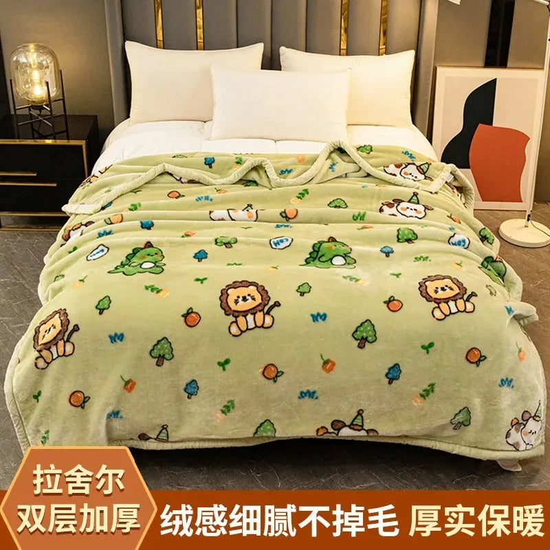 Modern Geometric Cartoon Printed Bedroom Blanket Coral Fleece Dormitory Quilt Thicking Double Layer Multi Purpose Bedding Sheets
