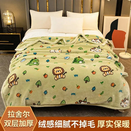 Modern Geometric Cartoon Printed Bedroom Blanket Coral Fleece Dormitory Quilt Thicking Double Layer Multi Purpose Bedding Sheets