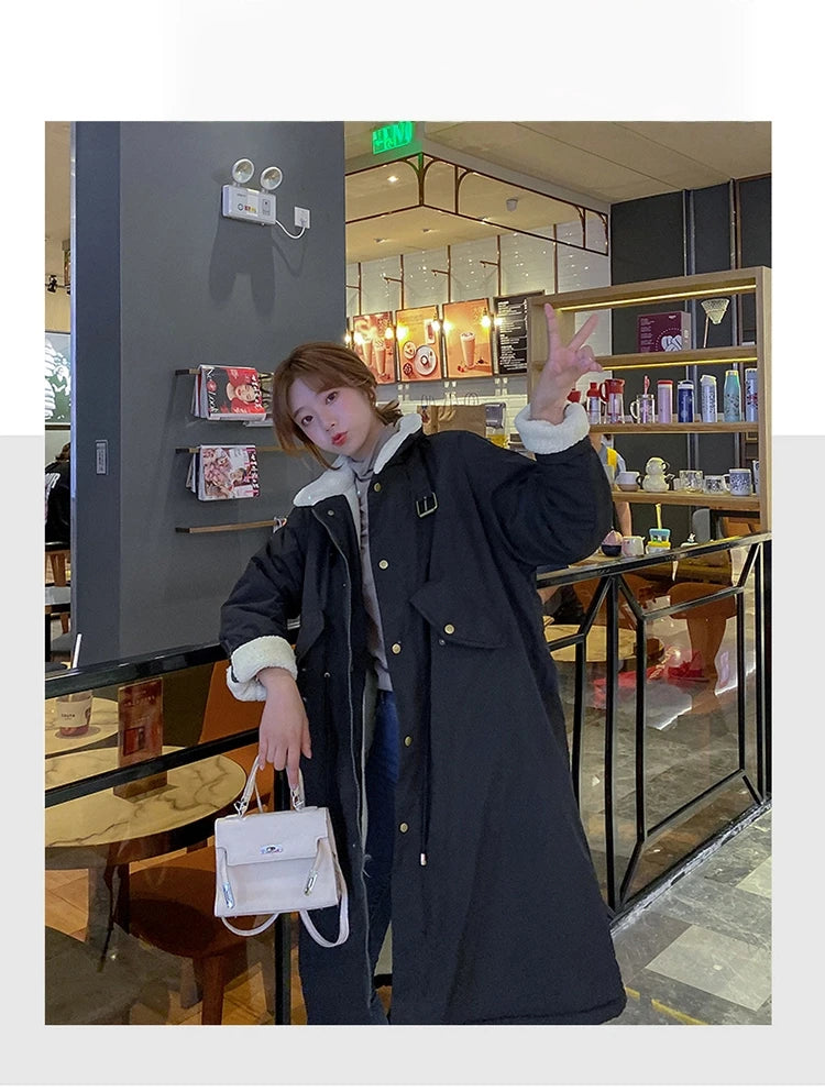 Daunen-Baumwoll-Parkas-Jacke für Damen, mittellang, über dem Knie, 2025, neue koreanische lockere Mode, Winter, gepolstert, weiblich, verdickt