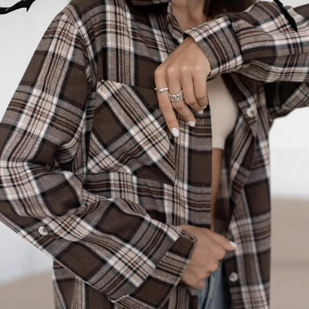 Women's Casual Shirt With Retro Style And Versatile Plaid Long Sleeves For Spring And Autumn 2025 With Pockets.