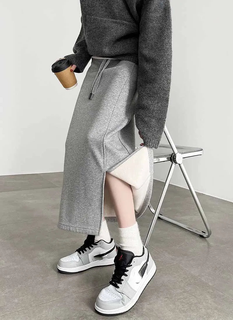 Women's Gray Split Midi Skirts Elasticity Waist Casual Loose Long Skirts Female Autumn Winter Thicken Plus Velvet Straight Skirt.