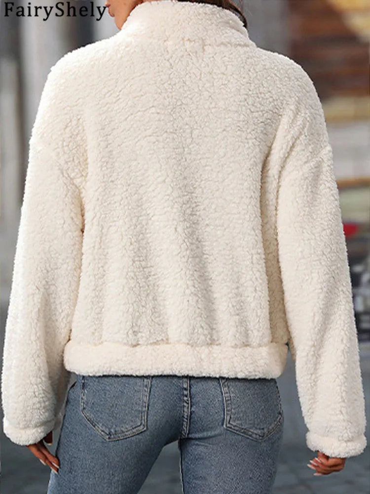 Fairyshely 2025 Autumn Winter White Women's Hoodies Long Sleeve Zipper Hood Sweatshirt Casual Lady Loose Plush Hoodie Tops.