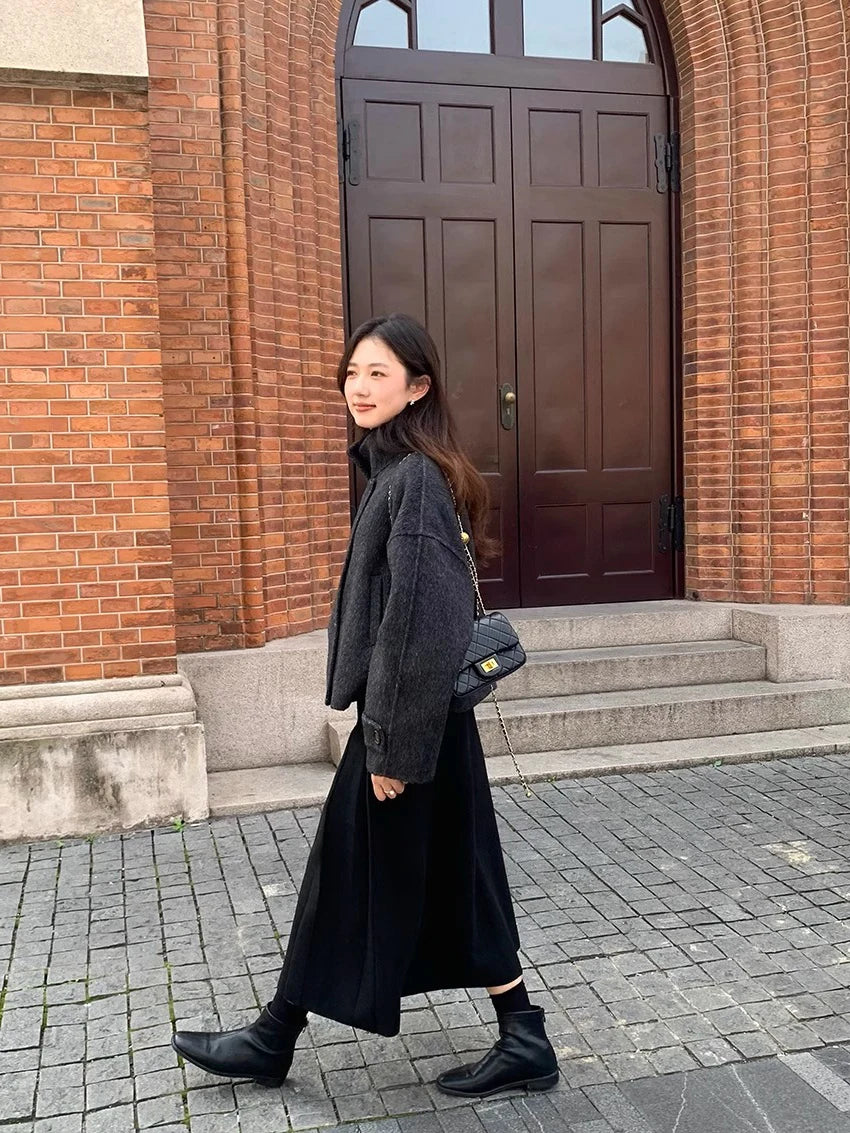 Thick Hepburn Style Woolen Pleated Skirt High Waist Slimming Casual Half Skirt Women Autumn Winter Unique Long Skirt