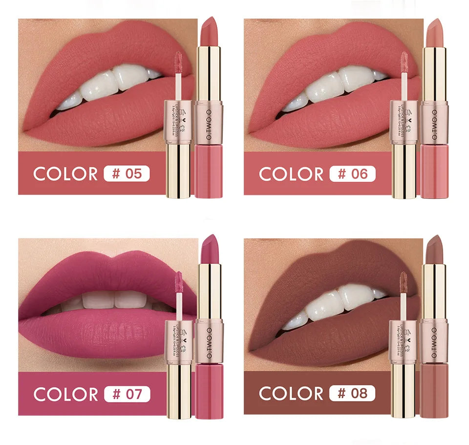 O.TWO.O 2 IN 1 Matte Lipstick&Liquid Lipstick 12 Colors Makeup Lip Glaze Waterproof Batom Lip Cosmetics Silky Texture.