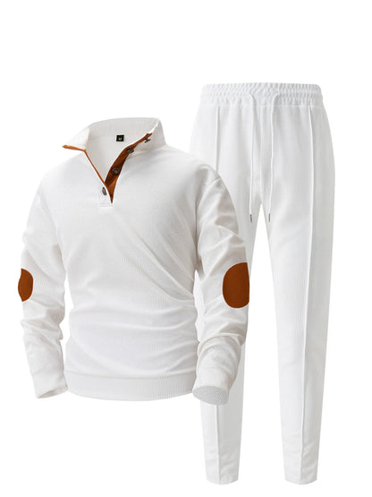 Men's new autumn style American stand-up collar button elbow patch color-block long-sleeve hoodie and pants set.