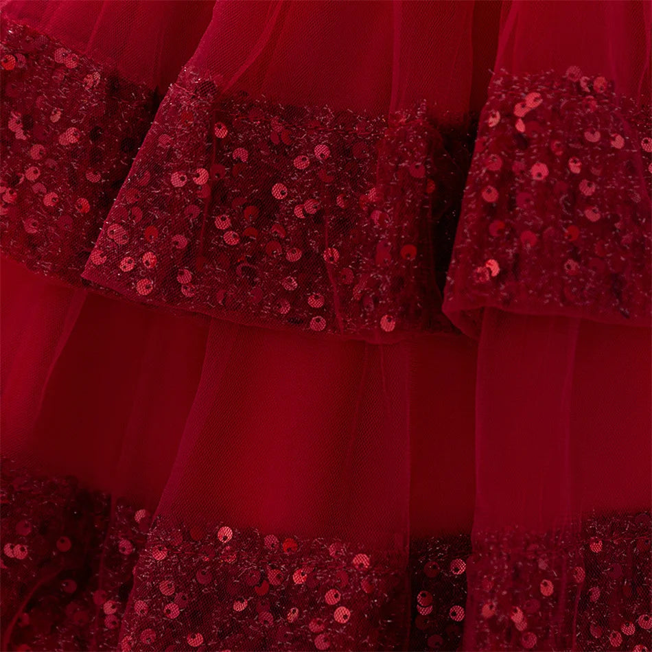 Kleinkind Rot Pailletten Mesh Kleid Mädchen Baby Einfarbig Neue Jahr Party Formale Kostüm Leistung Prinzessin Kleid Geburtstag Kleidung