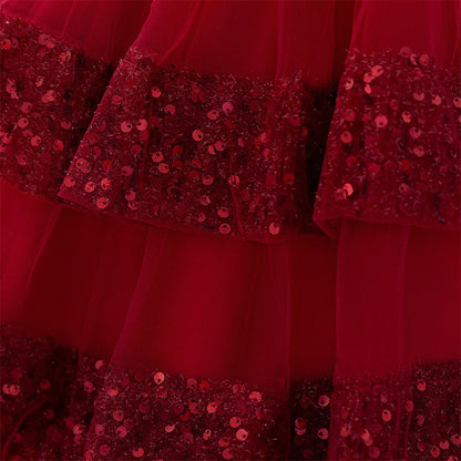 Kleinkind Rot Pailletten Mesh Kleid Mädchen Baby Einfarbig Neue Jahr Party Formale Kostüm Leistung Prinzessin Kleid Geburtstag Kleidung