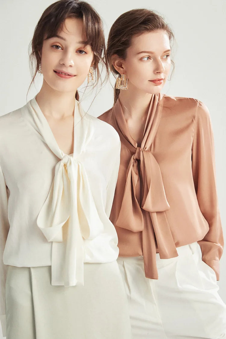 Silk Shirt Women's Thick Temperament Streamer 2025 Spring and Summer New Mulberry Silk Lace-up Design Shirt Long-sleeved Top.