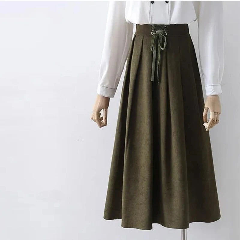 Preppy Style Vintage Long Skirts Women High Waist Sweet Loose A Line Skirt Lace Up Retro Fall Winter Female Elegant Long Skirts