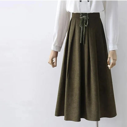 Preppy Style Vintage Long Skirts Women High Waist Sweet Loose A Line Skirt Lace Up Retro Fall Winter Female Elegant Long Skirts