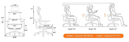 NEWTRAL MagicH-BP Ergonomischer Stuhl mit Fußstütze, automatisch ausgestellte Rückenlehne, adaptive Unterrückenstütze, verstellbare Armlehne, Kopfstütze