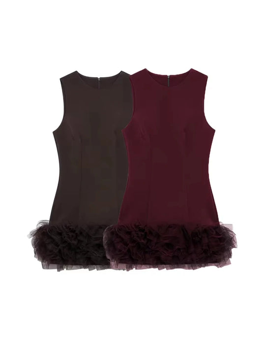 TRZA Wome Mode Mit Tüll Mini Kleid O Neck Ärmellose Zurück Zipper Weibliche Kleider Vestidos Mujer.