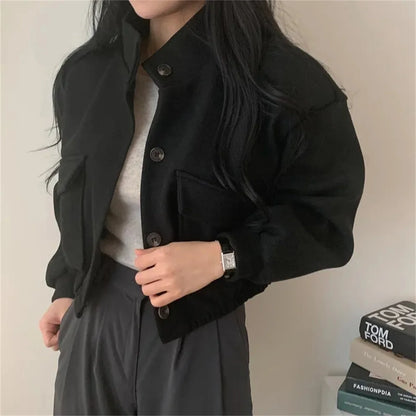 Korean Fashion Herbst Winter Mantel Frauen Neue In Stehen Neck Feste Taste Lose Jacke Dame Casual Straße Outwear Vintage Kleidung.