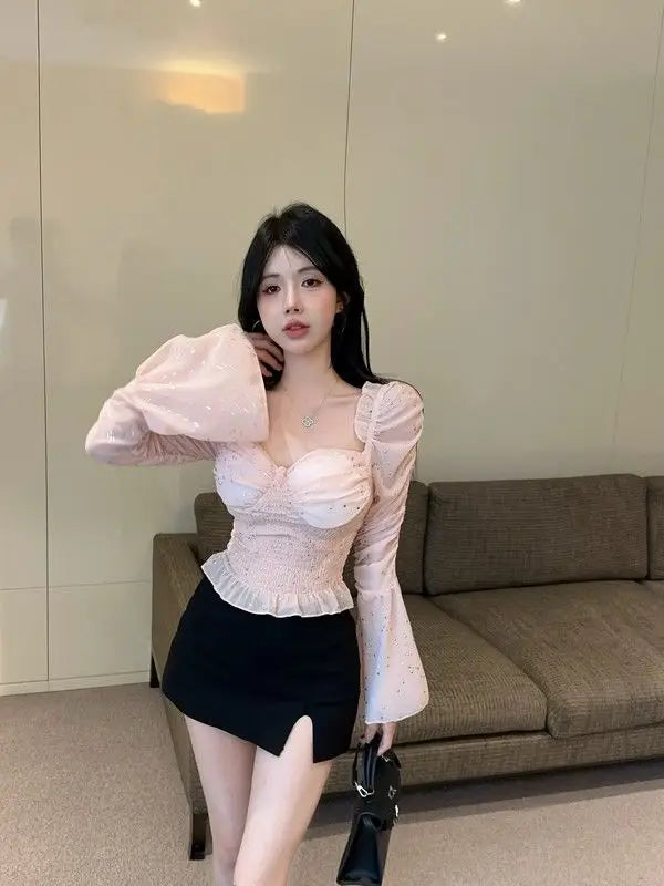 New Women's One Shoulder Flared Sleeve Top Pink Sweet and Spicy Top Niche and Unique Shirt.